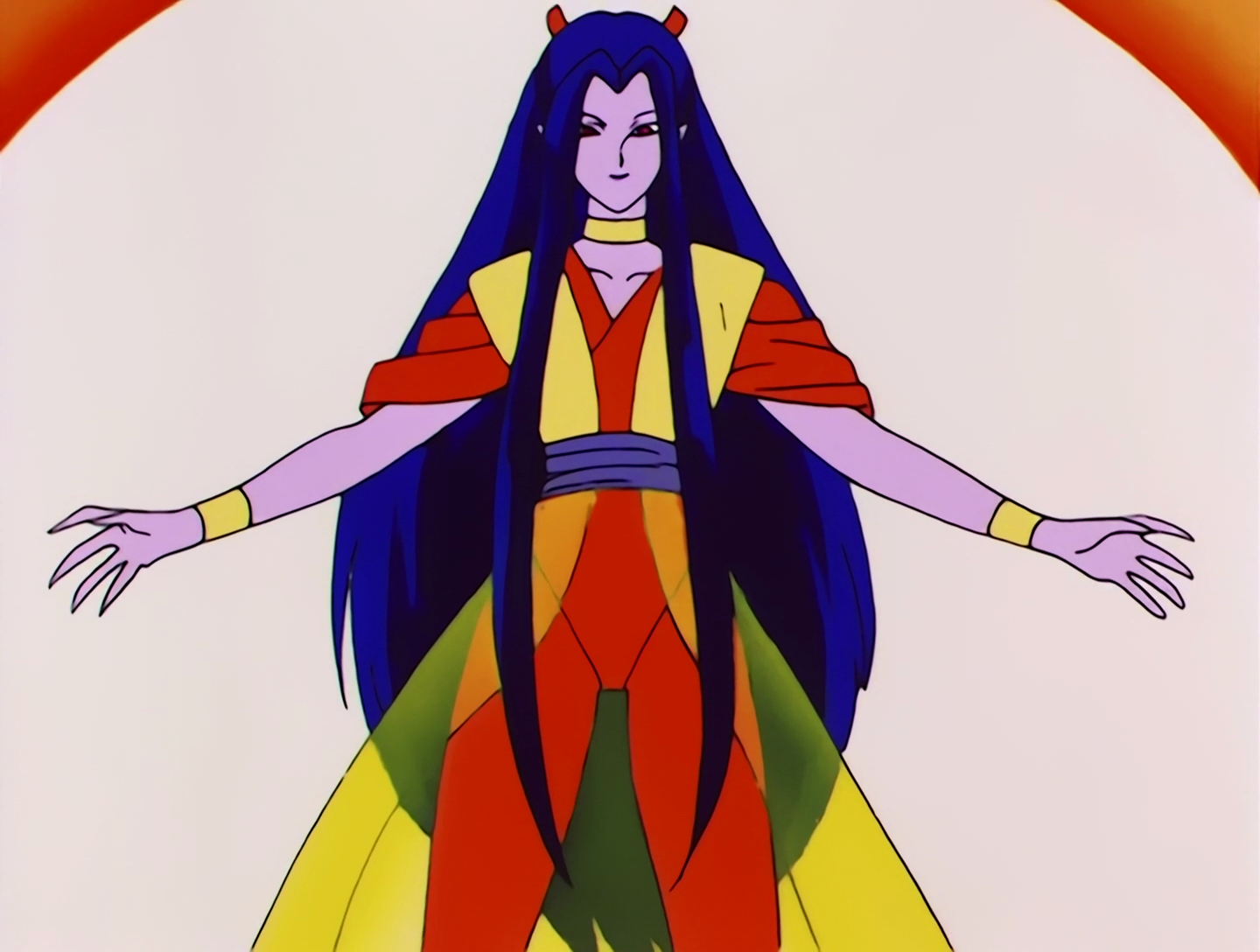 Amaderasu, a Cardian from Sailor Moon episode 53. She has lilac skin and dark blue hair, but overall she looks very human. Her outfit is red and yellow with a blue belt, and I do like the way the yellow of her robe fades from a solid color to more translucent near the bottom.
